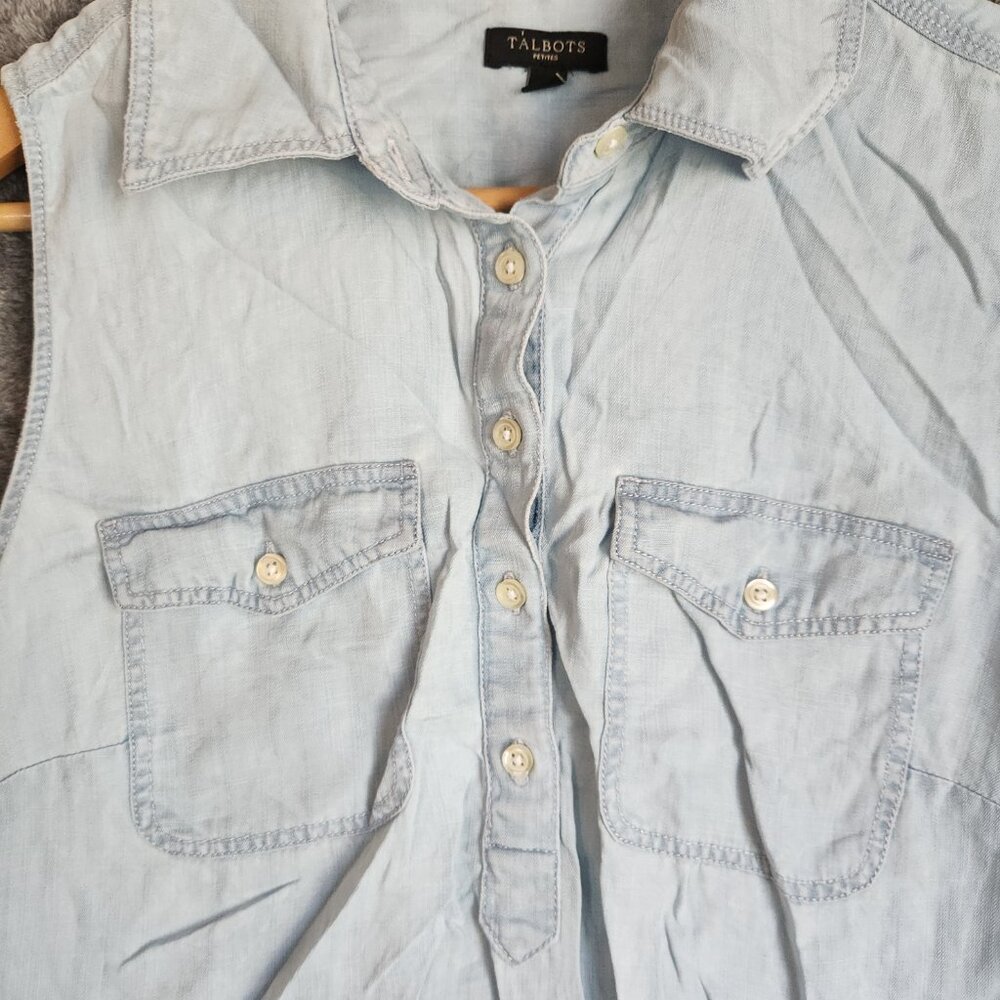 Talbots Sleeveless Popover Denim Top Blouse Blue Women's 12 EUC Pockets Summer - Picture 3 of 9